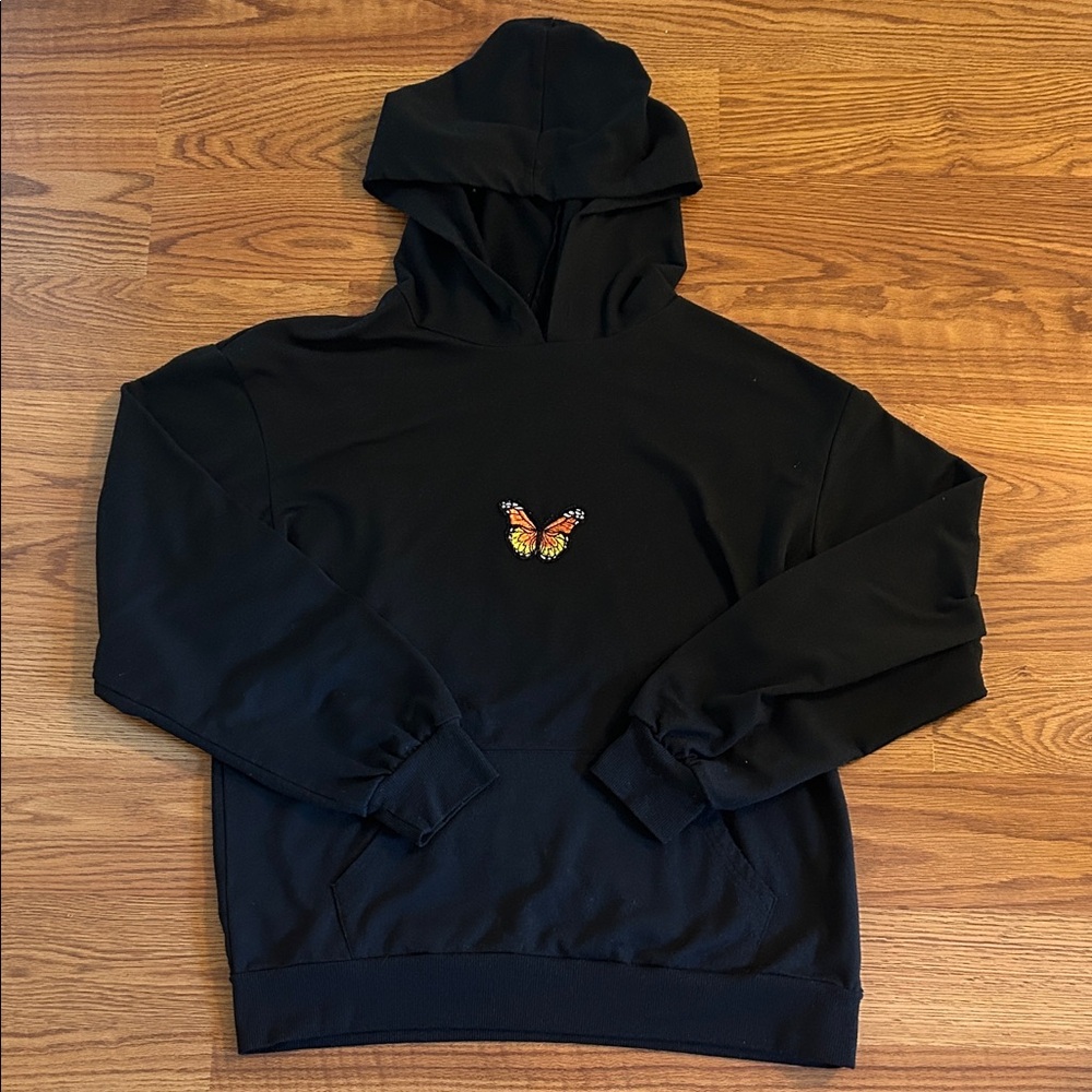 Womens Black Hoodie with Butterfly Embroidery